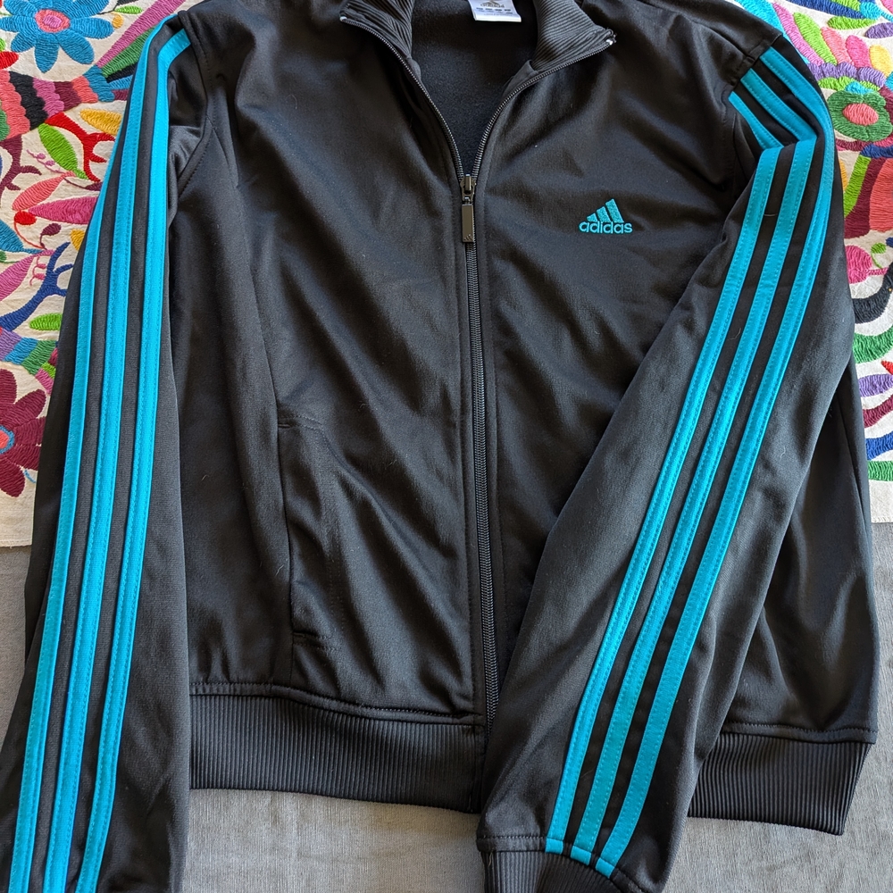 Vintage Adidas Black Track Jacket with Blue Stripes